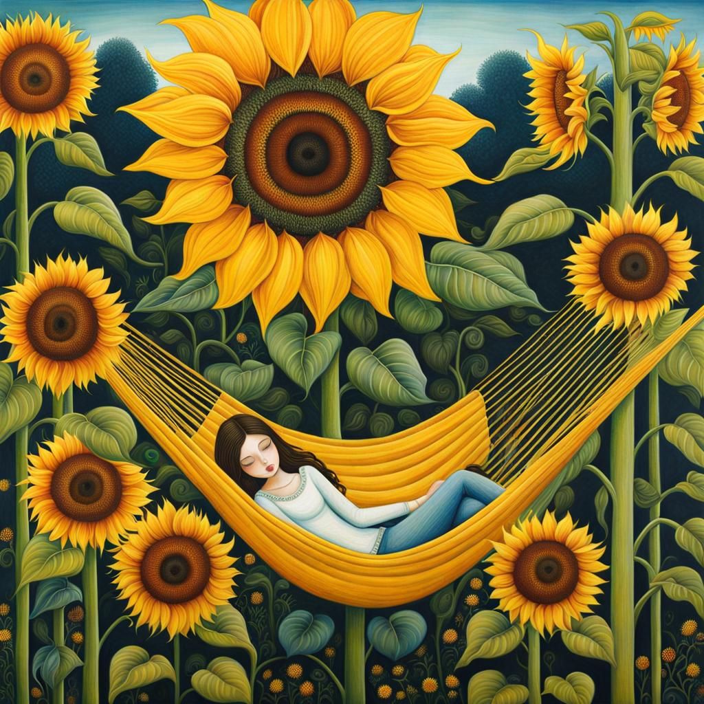 Girl in Hammock Between Sunflowers, Art Brut Painting