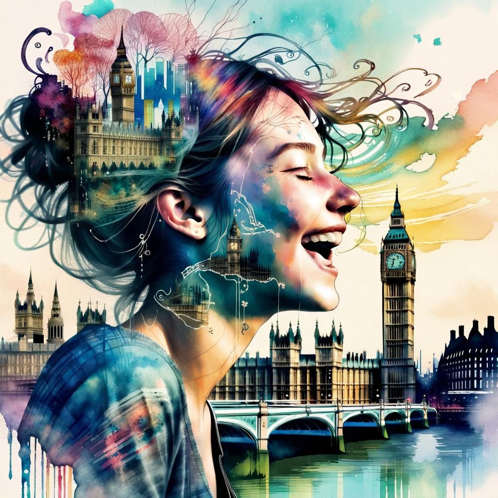 Dreamy Girl's London Double Exposure, Watercolor Style