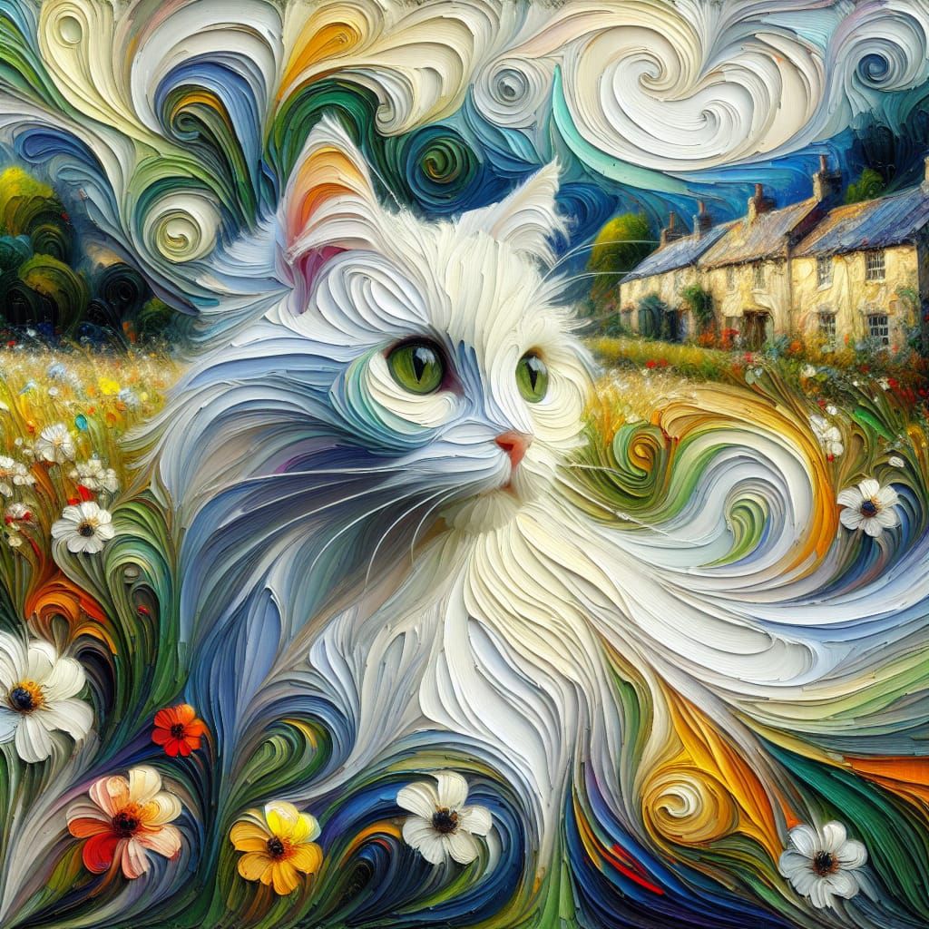 White Cat in English Village: Impasto Painting