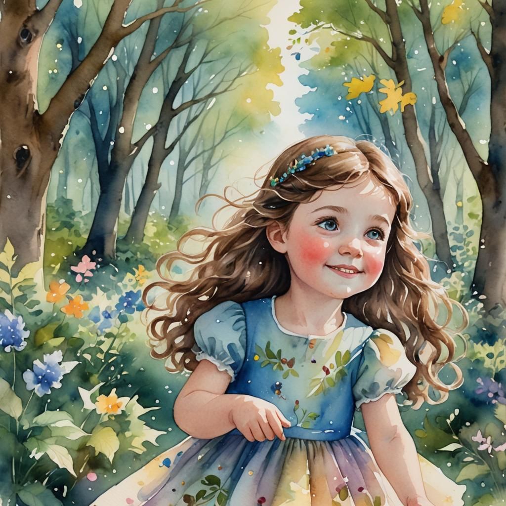 Cheerful Girl in Whimsical Forest, Watercolor Portrait