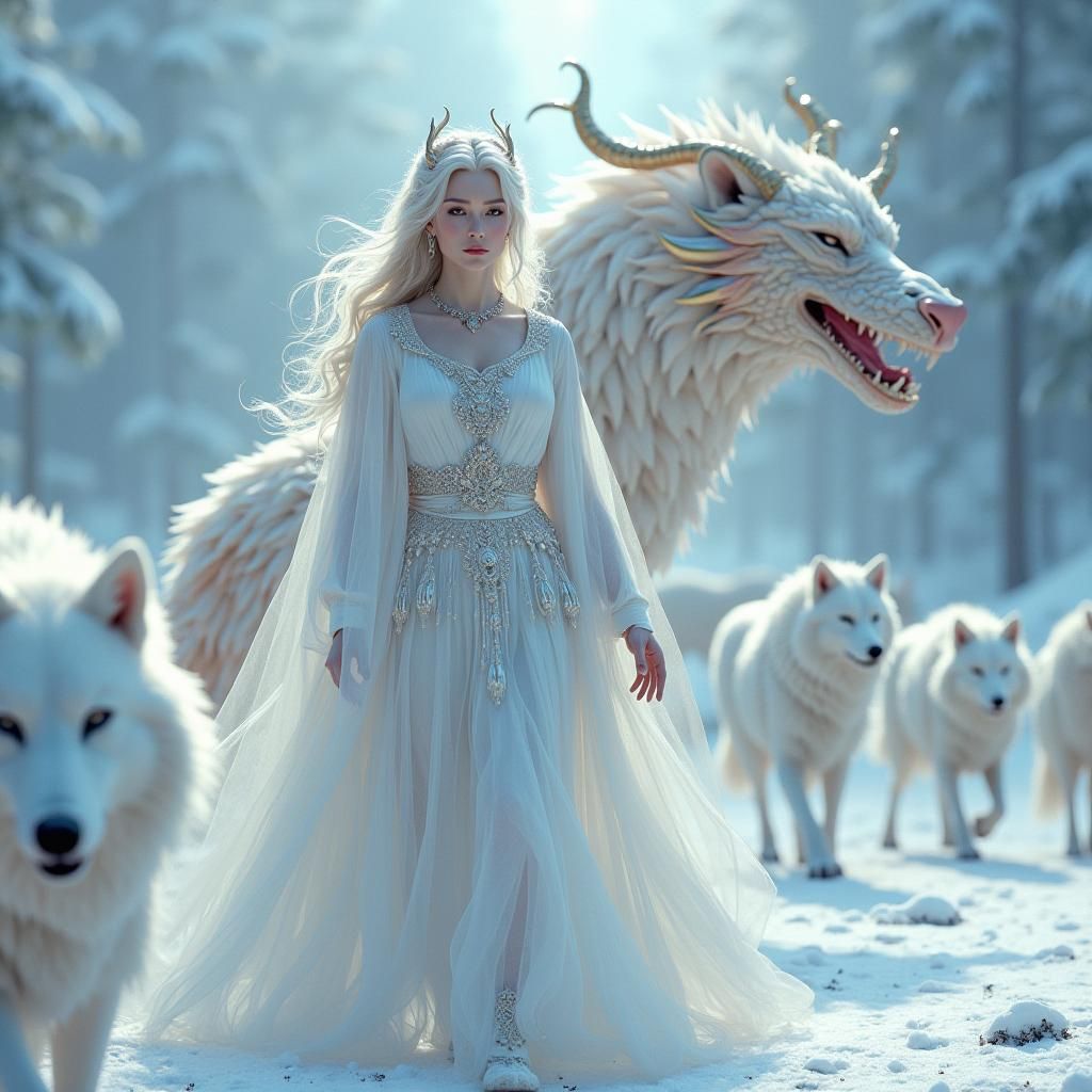 Ethereal Lady with Wolves and Dragon in 3D Matte Painting