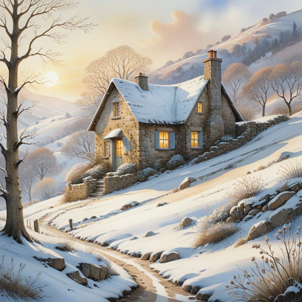 Whimsical Watercolor Winter Scene with Cozy Stone Cottage