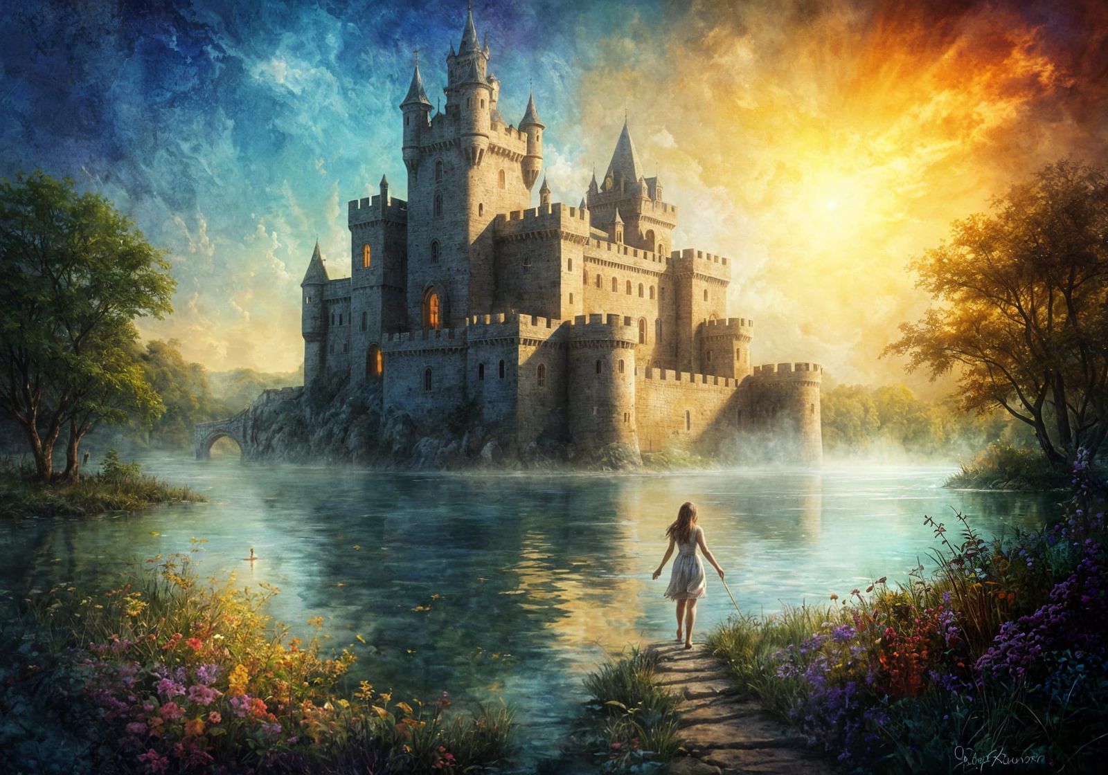 Mystical Castle in Lake, Fantasy Art