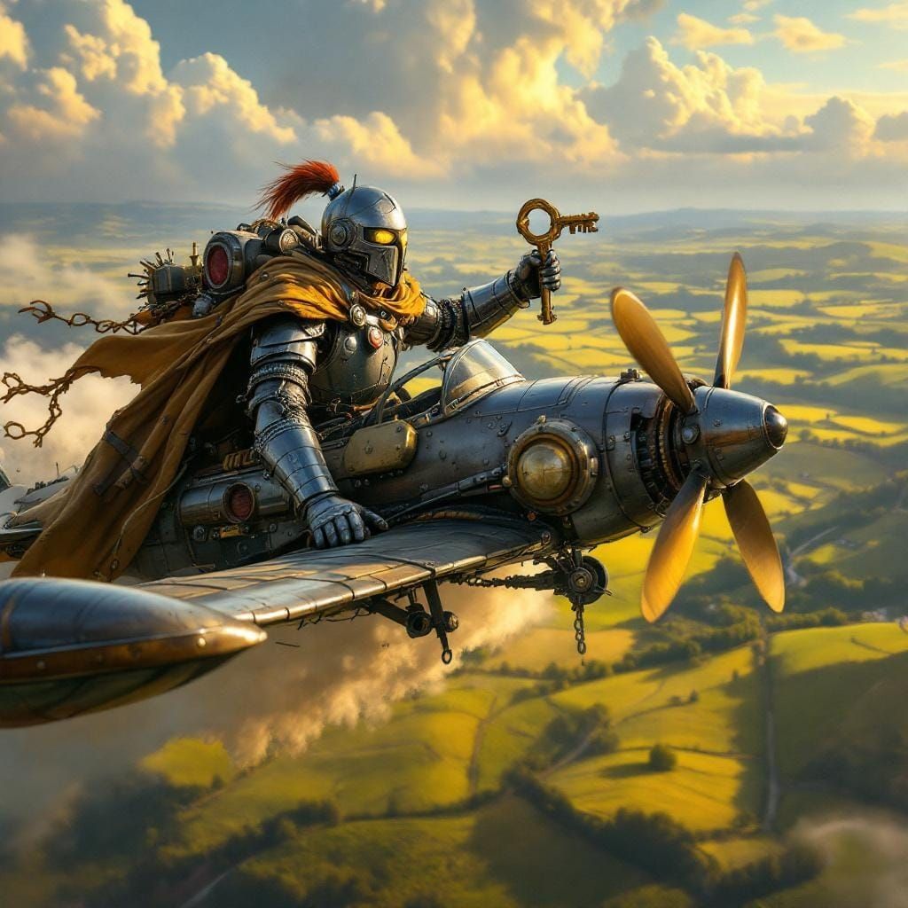 Knight in Wind-Up Biplane over Medieval England