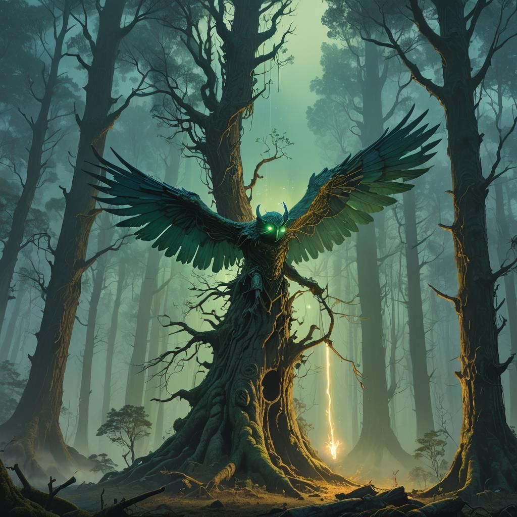 Mystical Winged Creature Soaring Through Ancient Tree