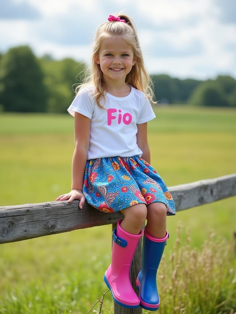 Girl in Floral Skirt and Colorful Rain Boots