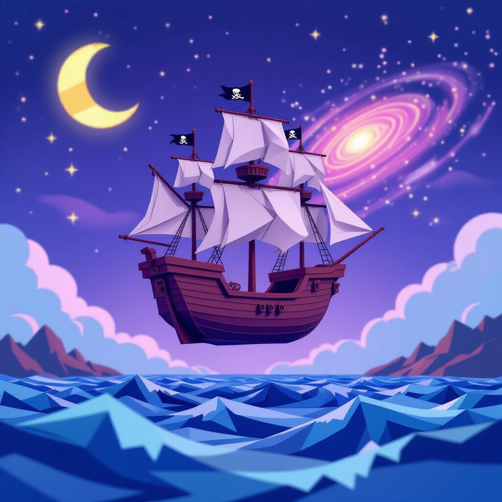 Flying Pirate Ship Amidst Galaxy and Stormy Seas
