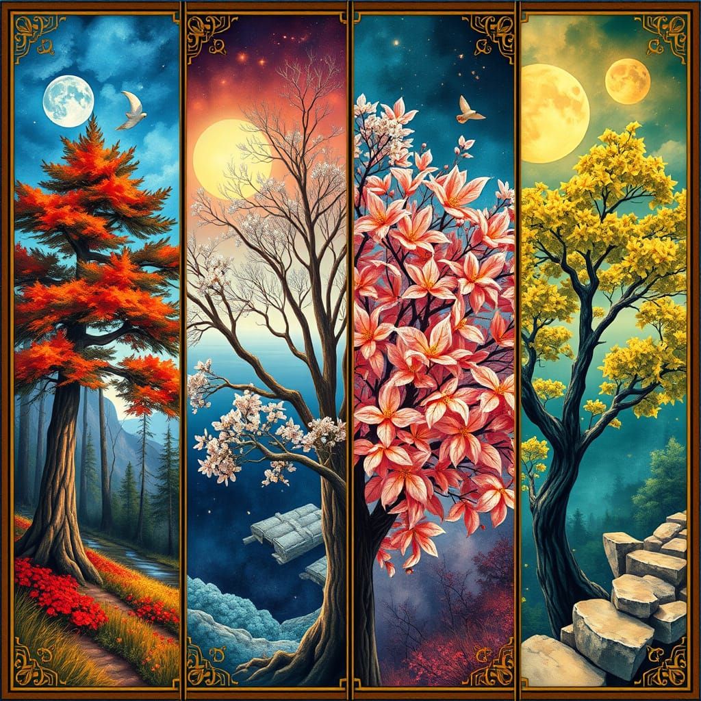 Four Seasons Polyptych in Art Nouveau Style