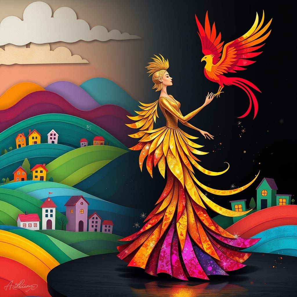 Vibrant Showgirl with Phoenix in Whimsical Cityscape