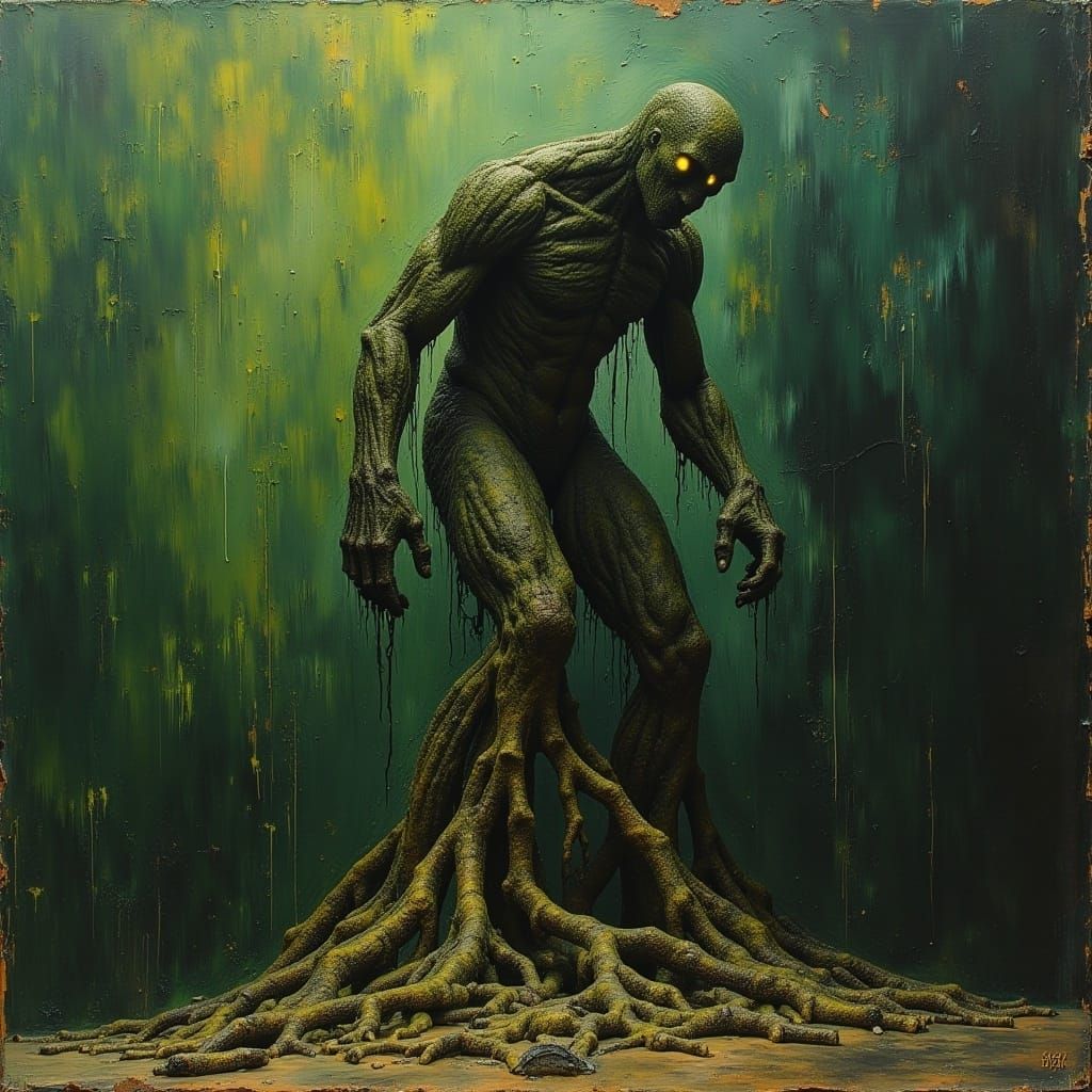 Muscular Tree God in Dark Oil Painting Style