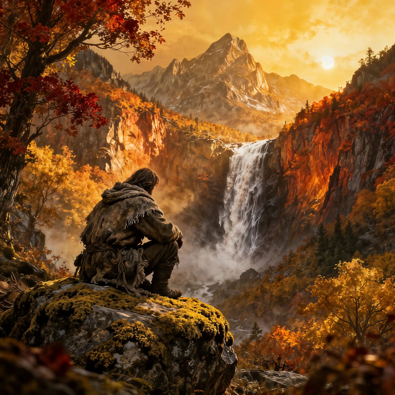 Lone Traveler Overlooking Autumn Waterfall in Mountain Vista