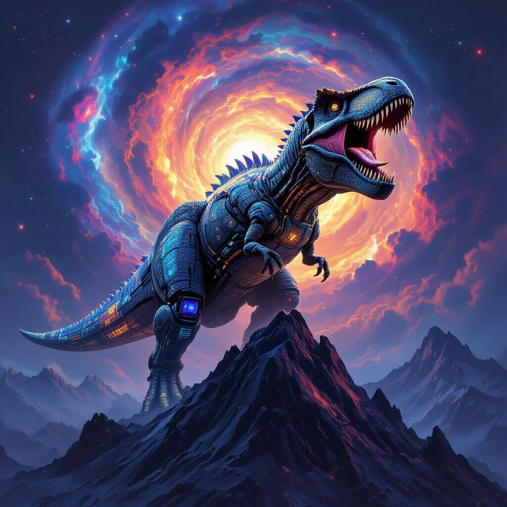 Cybernetic Dinosaur Roars on Cosmic Mountain Peak