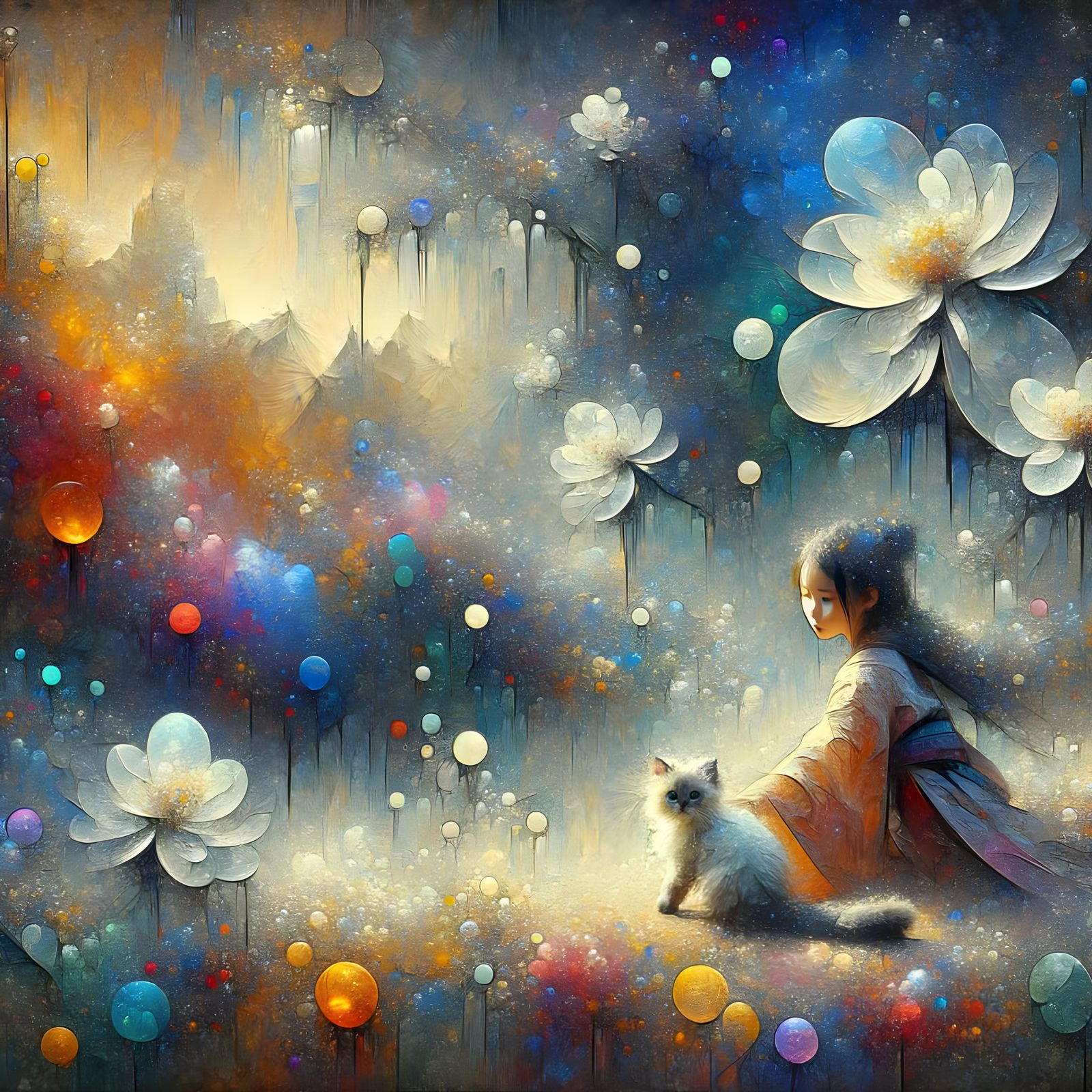 Dreamy Landscape with Girl, Kitten, and Glass Flowers