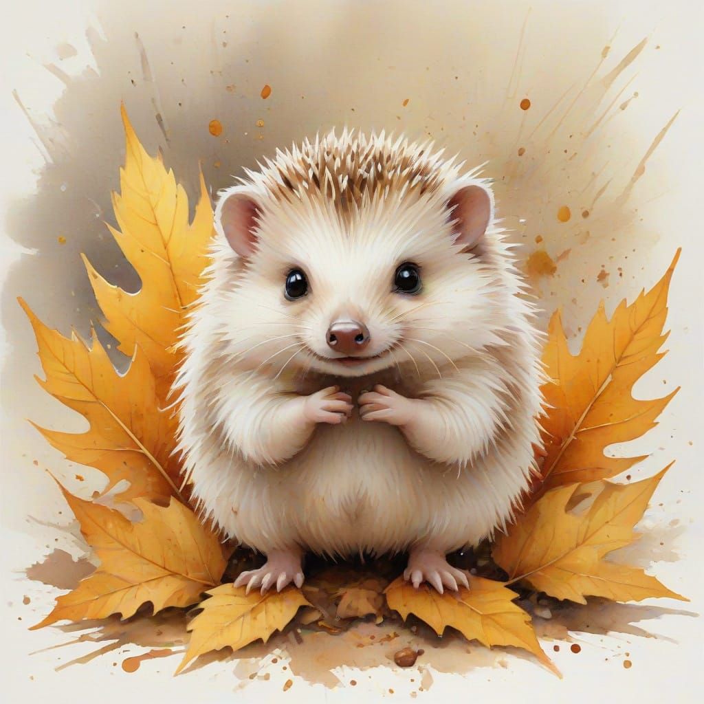 Chibi Hedgehog in Golden Leaves, Painterly Whimsy Style
