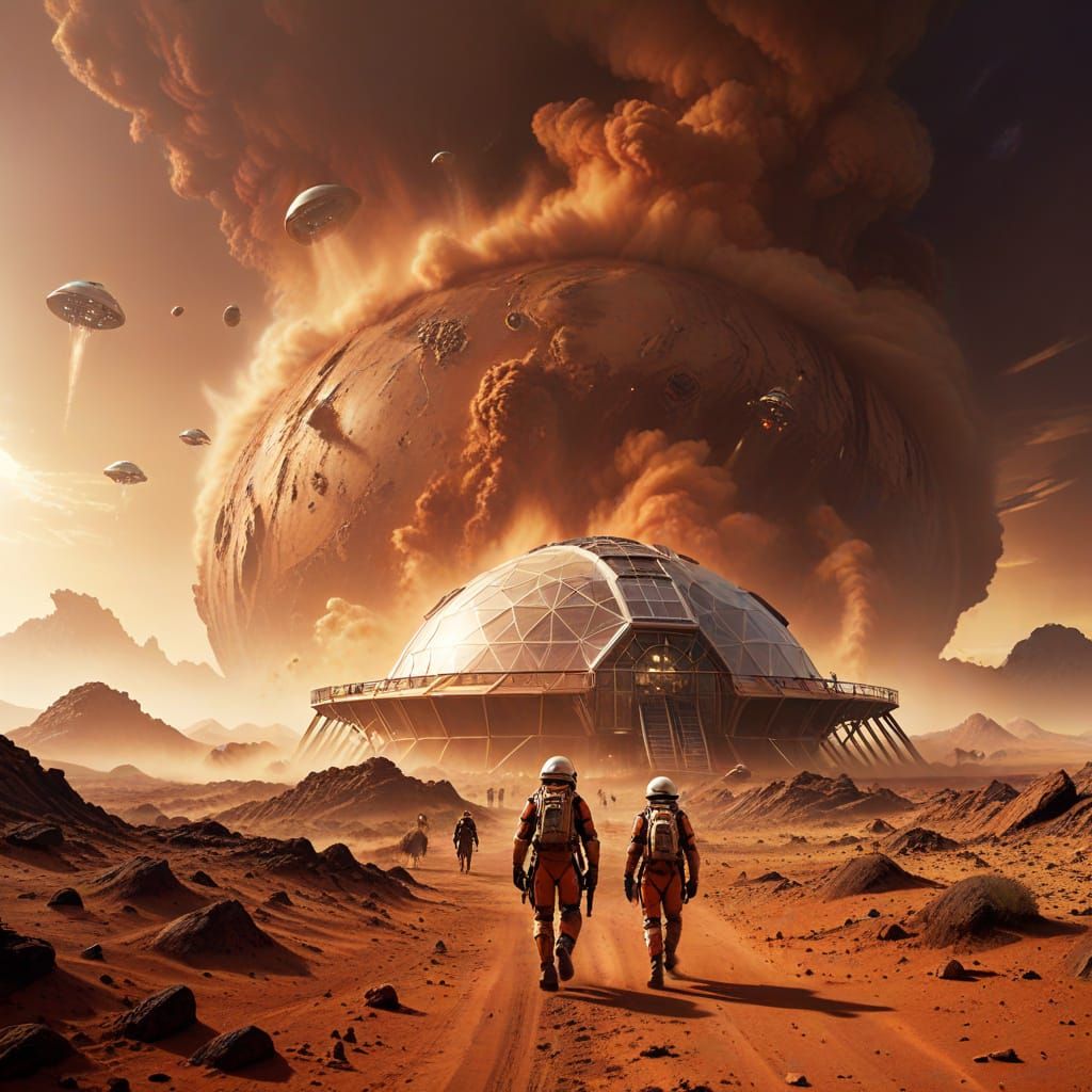 Mars Colony Under Siege in Golden Hour