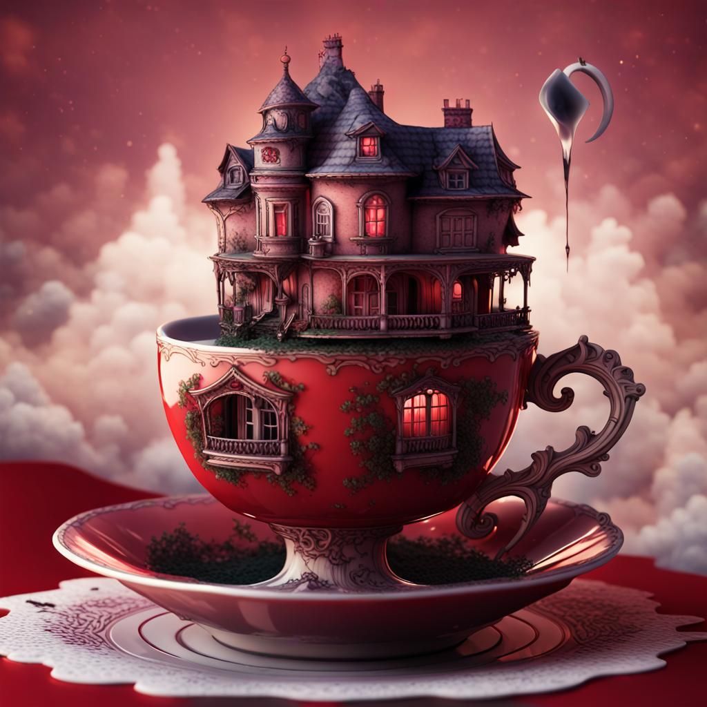 Creepy Victorian House in Teacup: Surreal 3D Render