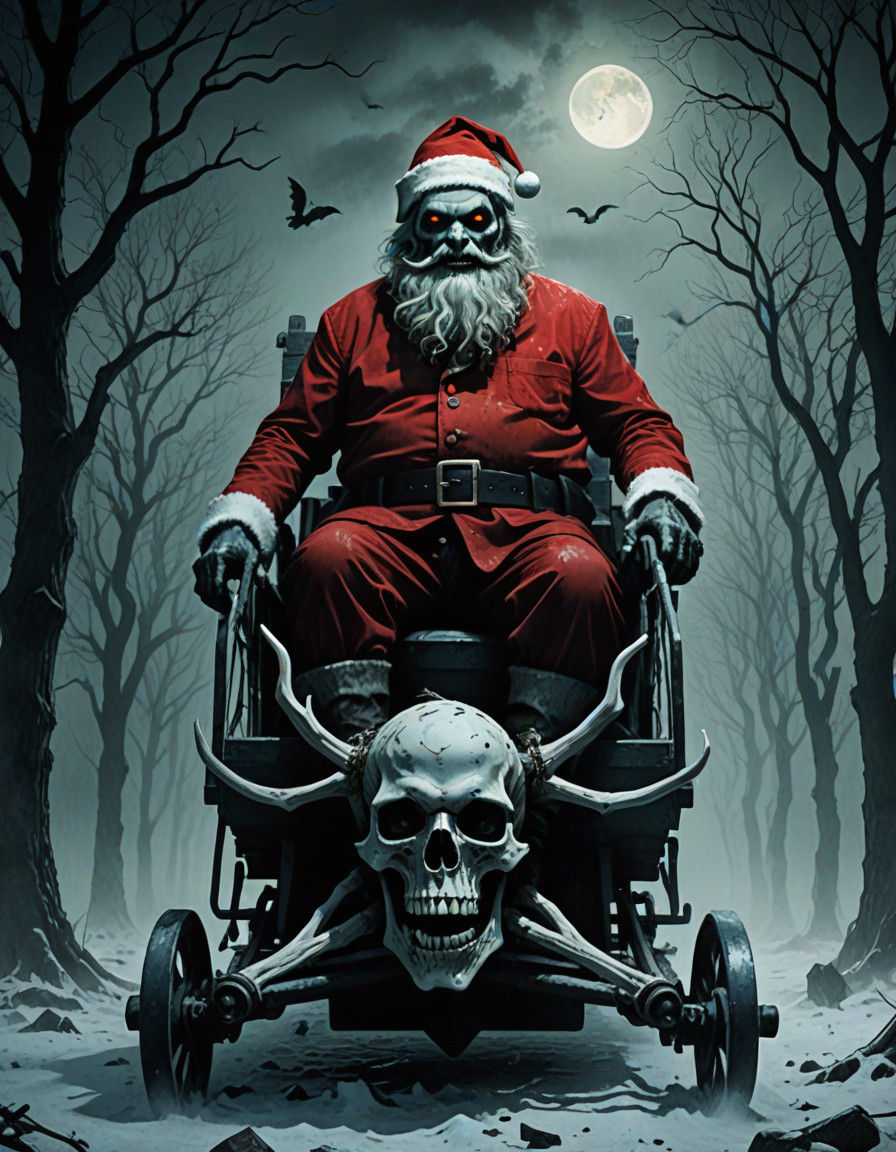 Macabre Santa Claus in a Creepy Sleigh Scene, Oil Painting