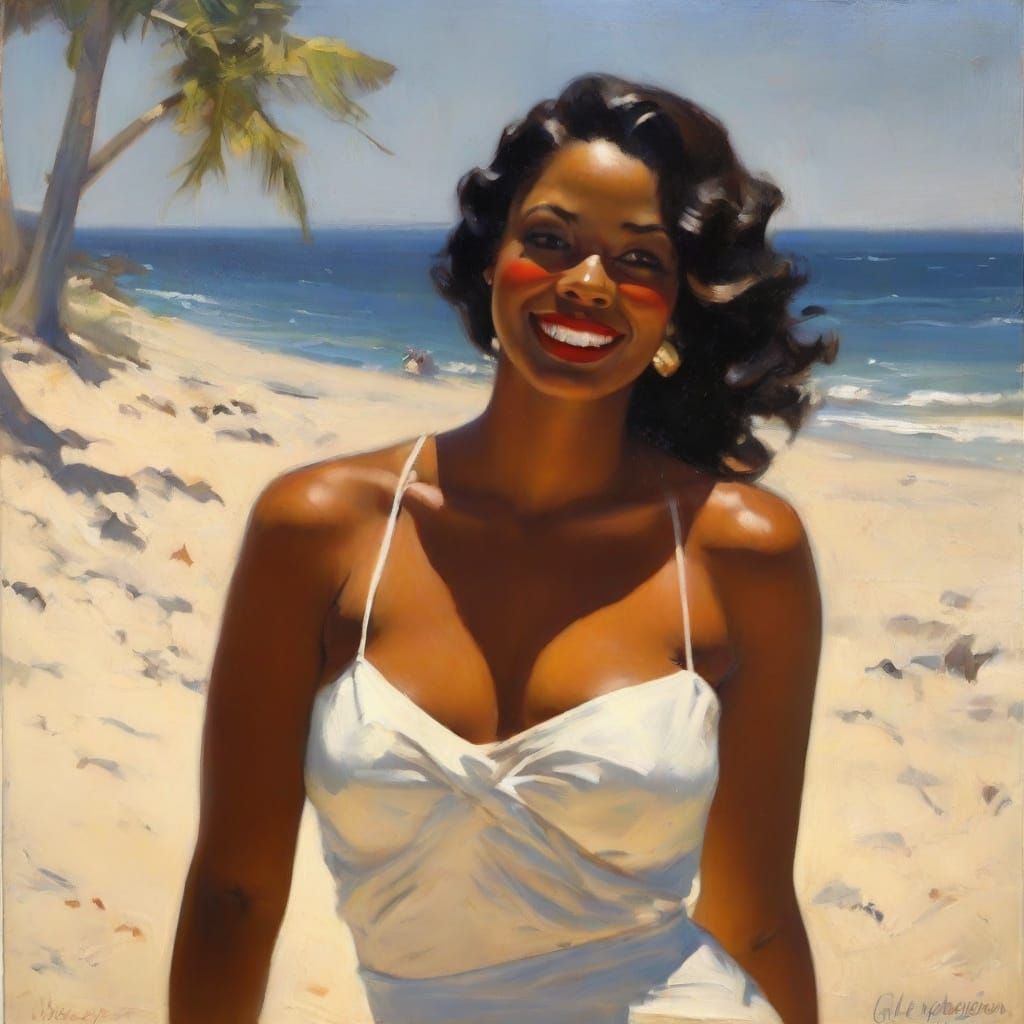 Retro Impressionist Beach Beauty in Oil Painting