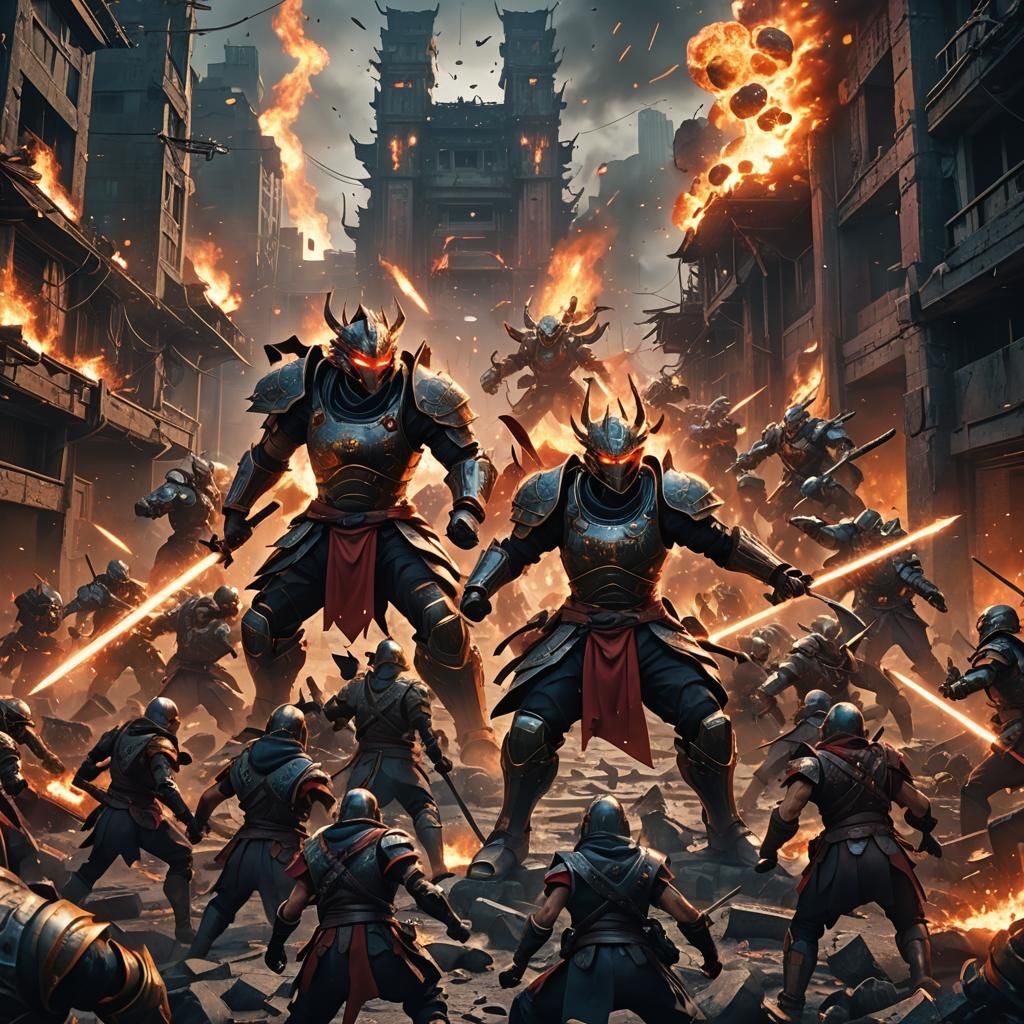 Anime Warrior Battles Enemies in Ruined City