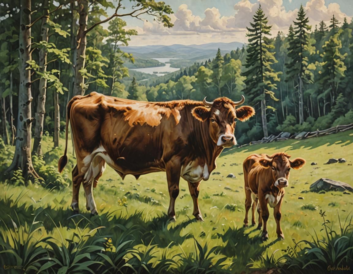 an oil painting of a Jersey cow and her calf standing on a g...