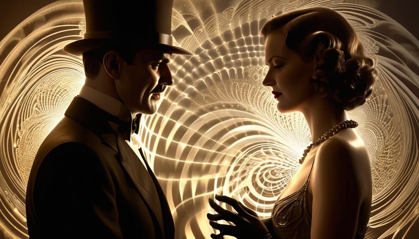 1930s film noir sinister elegant man woman fractal opart fog beautiful  shadows waves sculpture  3D deco nouveau standal...