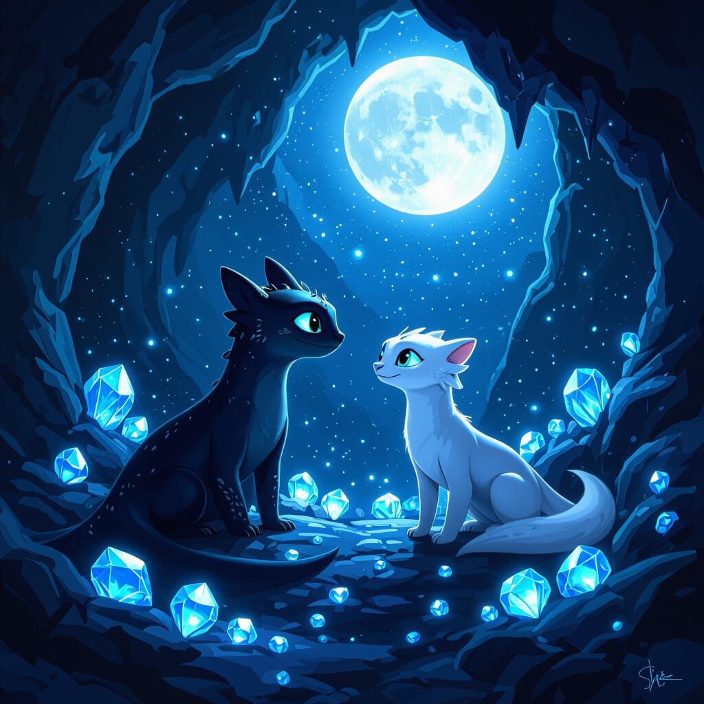 Toothless and Light Fury in Moonlit Cave