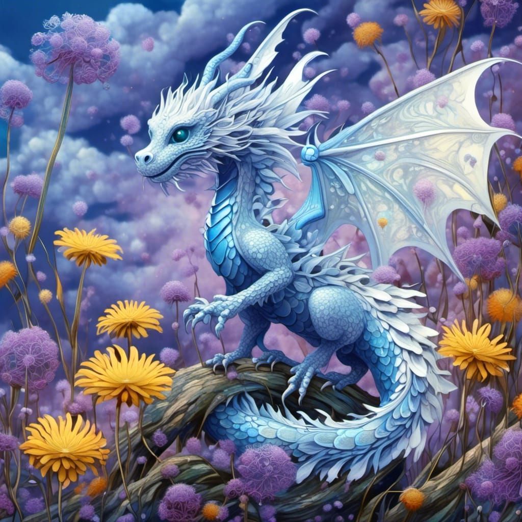Lavender Dragon with Dandelions in Art Nouveau Style