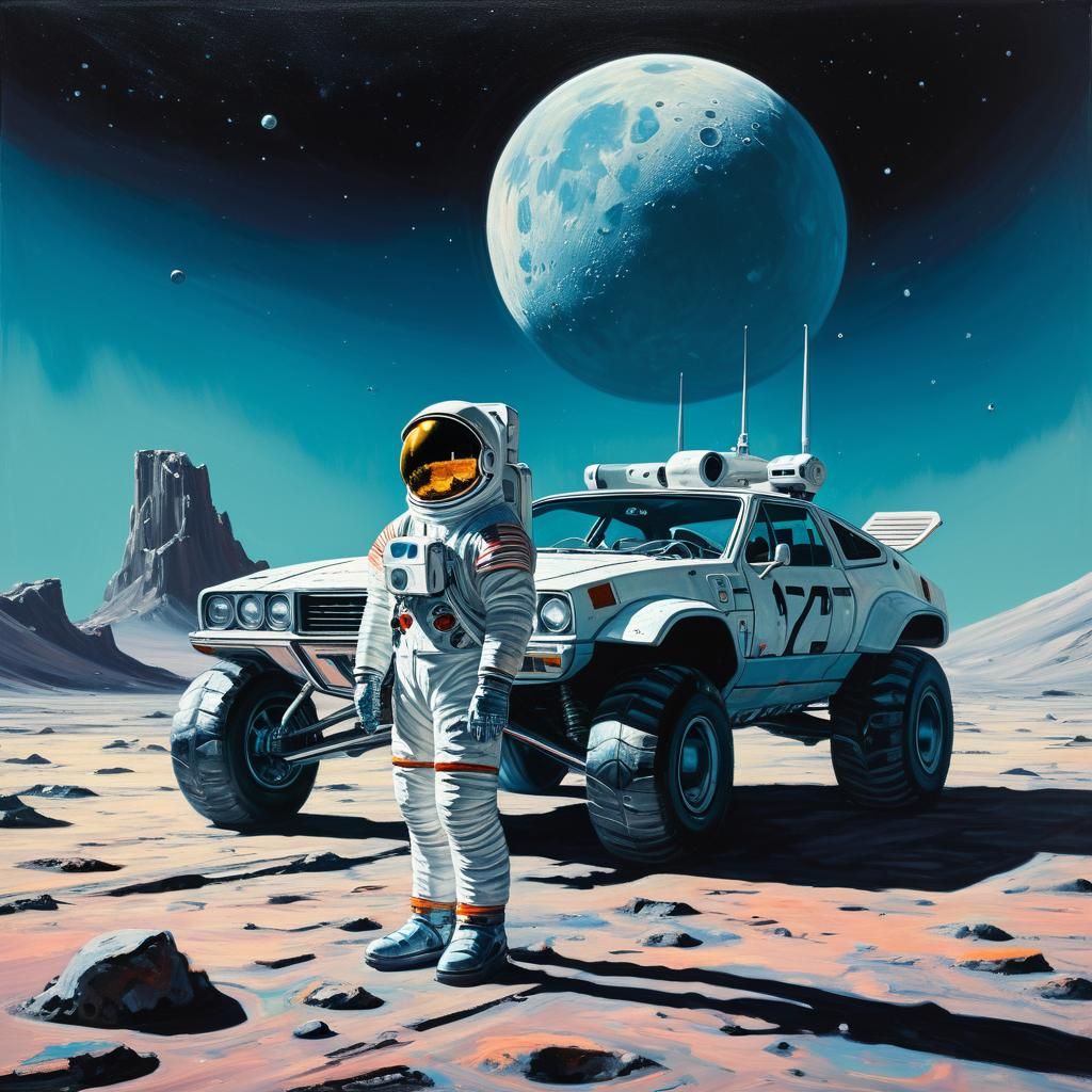 Astronaut and Flying Car on Moon in Oil Painting Style