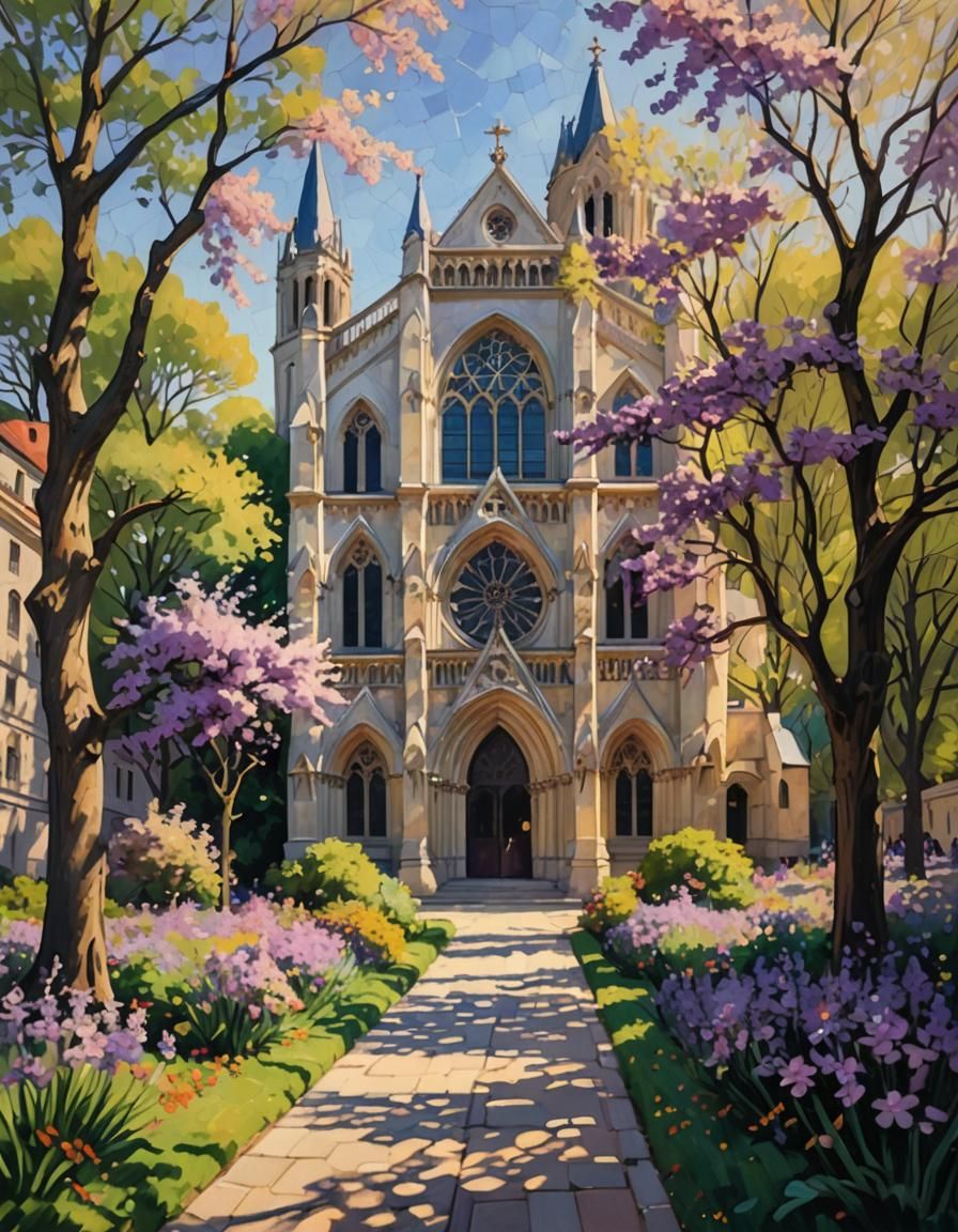 Impressionistic Cathedral with Almond Blossom in Sunlight