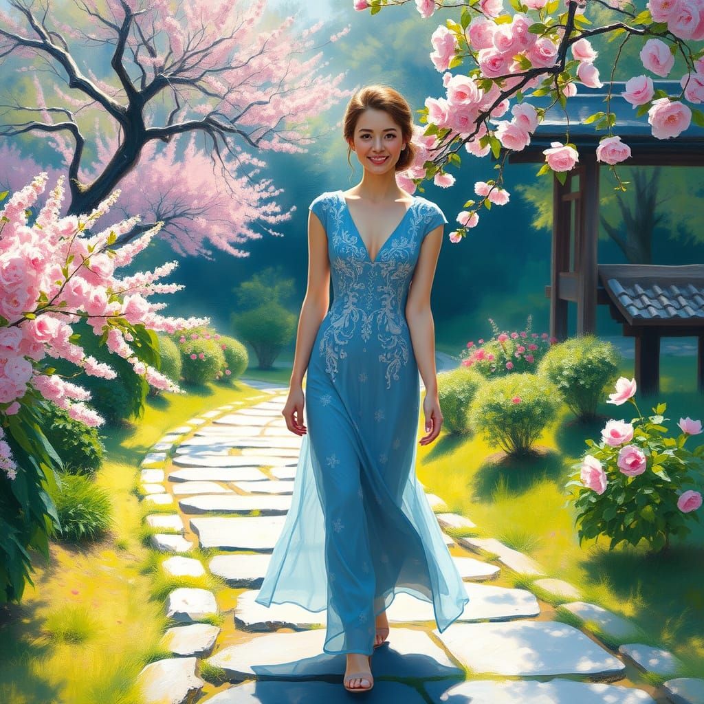 Elegant Woman Strolls Through a Japanese Garden in Impressio...