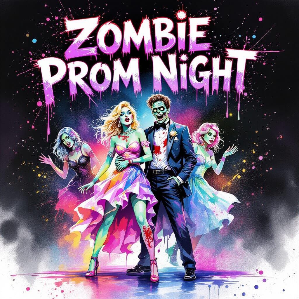 Zombie Prom Night in Ink Splatter Watercolor Style