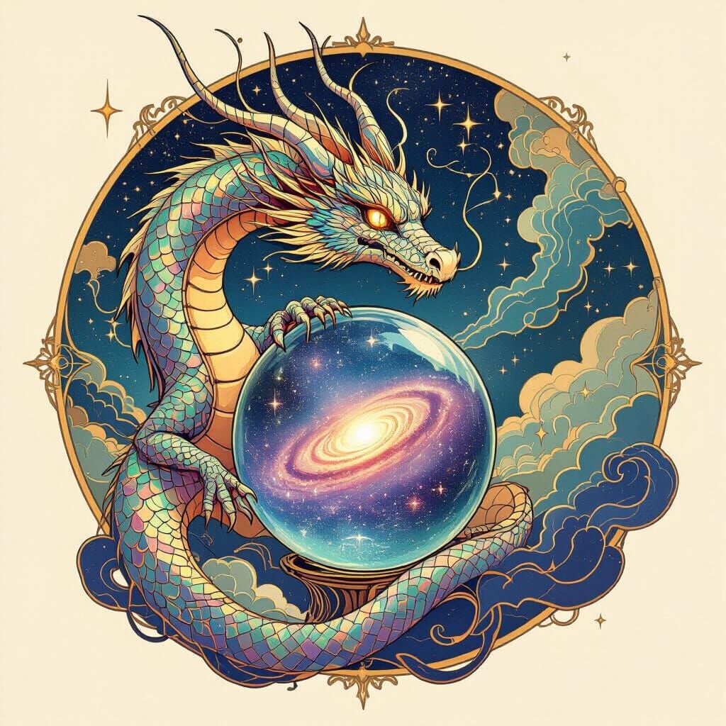 Celestial Dragon Coiling Around Galaxy in Art Nouveau Style