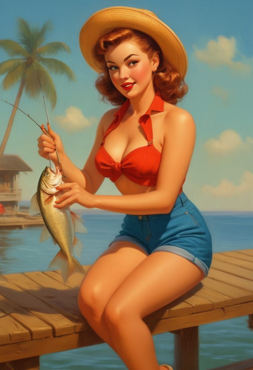 Vintage Pin-Up Girl Fishing on Sunny Pier