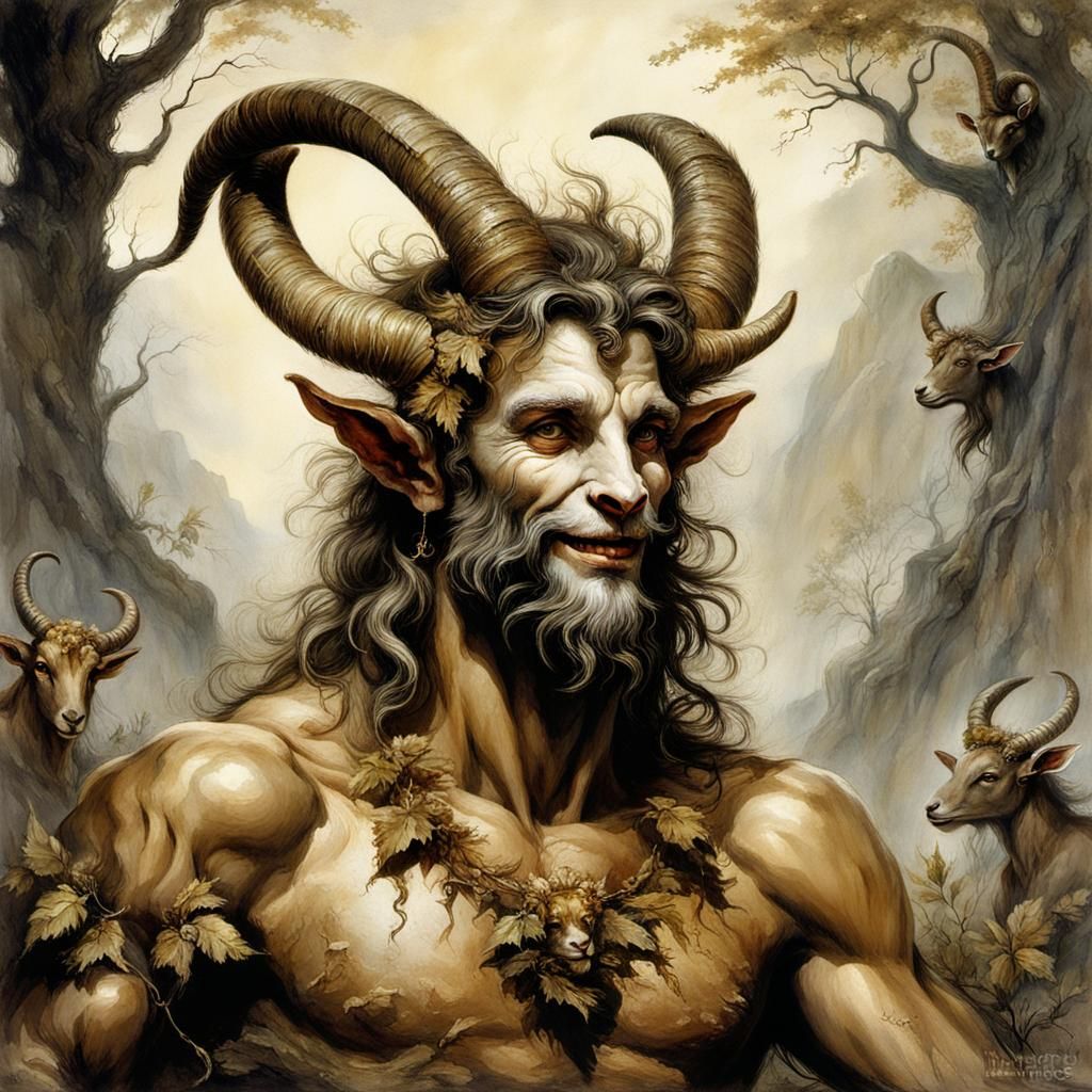 Mythological Faun Illustration in Oil and Ink