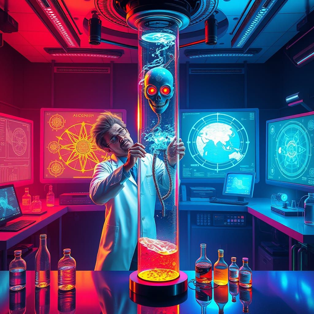 Visionary Scientist in Lab, Surrounded by Futuristic Biomech...