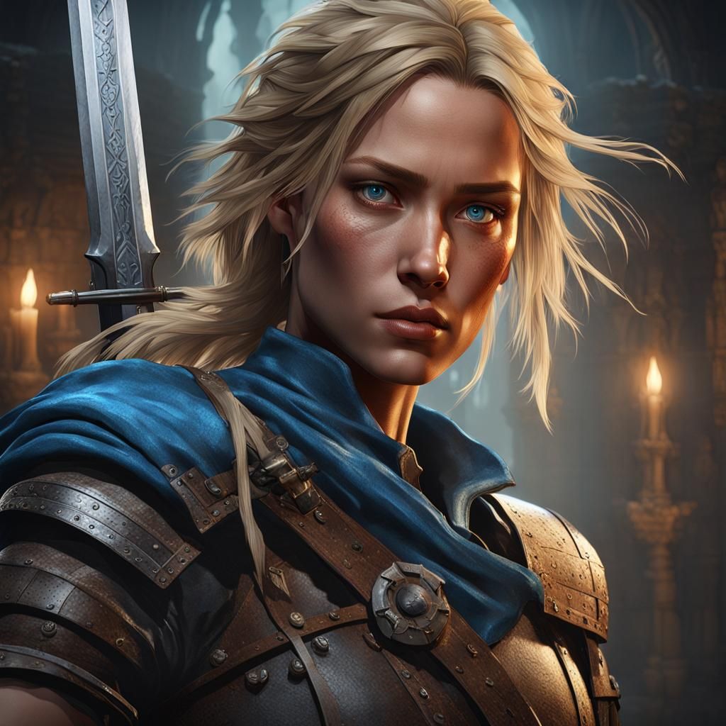 Medieval Lady Adventurer in Haunted Dungeon, Digital Portrai...