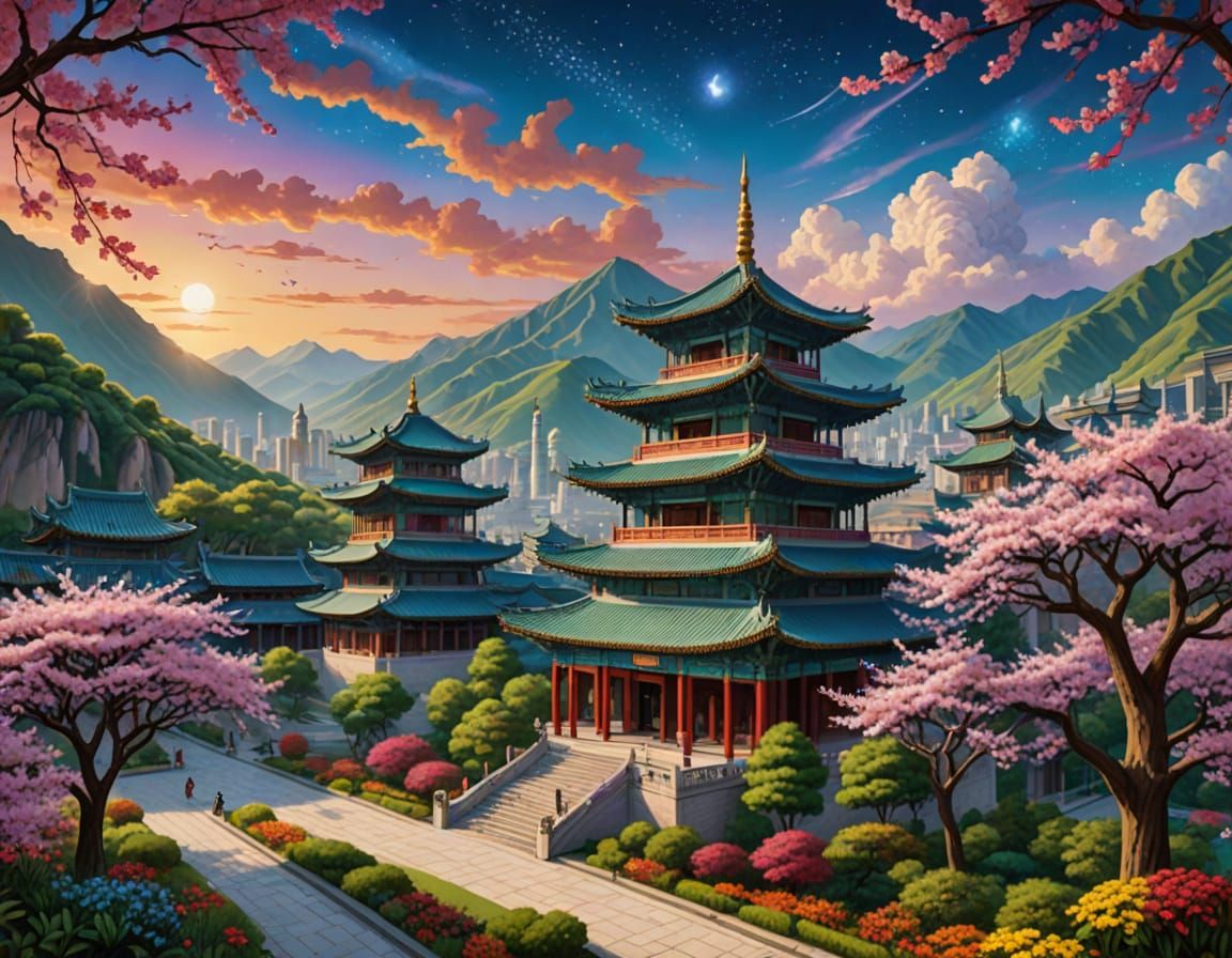 Ornate Mosque Amidst Vibrant Mountain Landscape in Tradition...