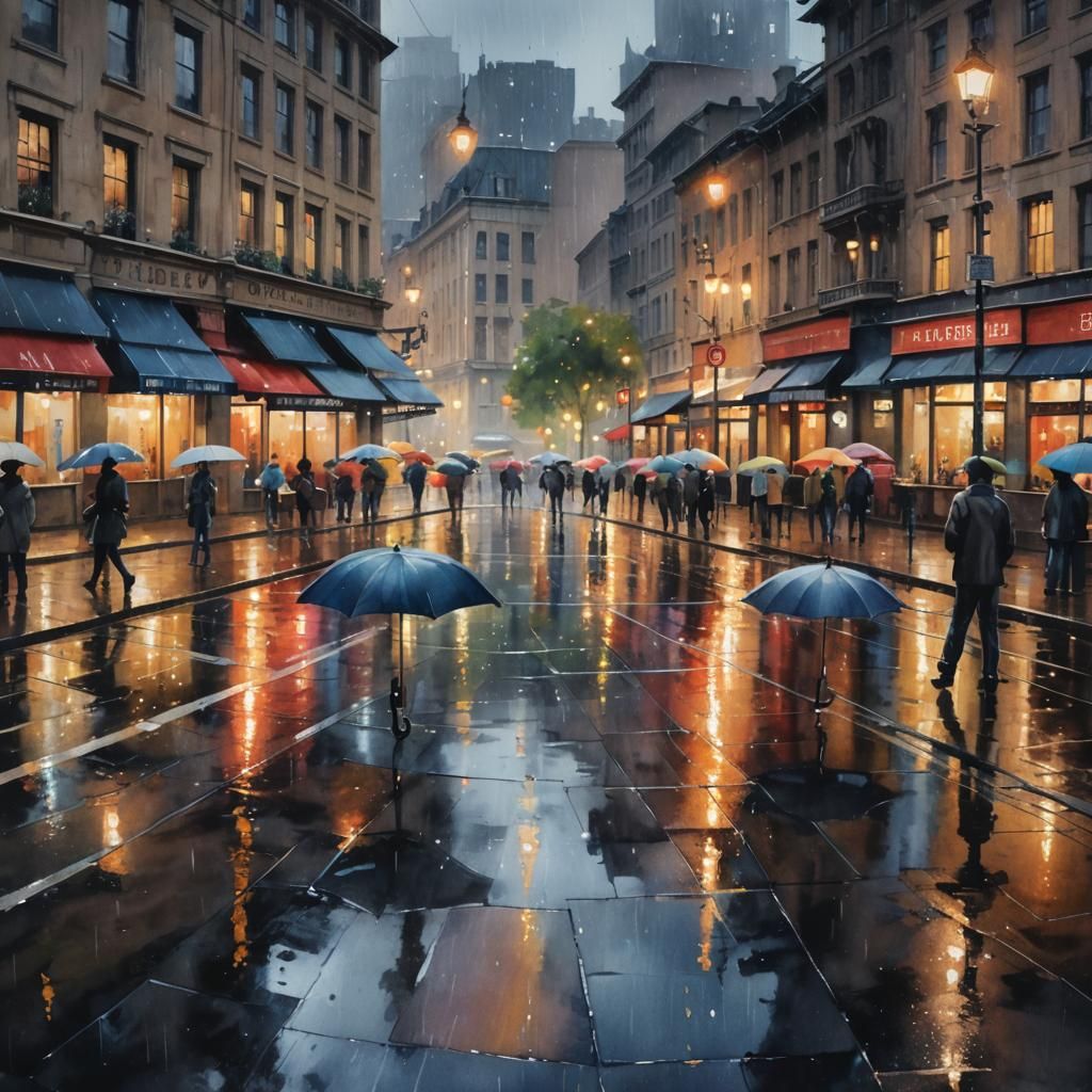 Rainy City Square: Watercolor Umbrellas and Reflections