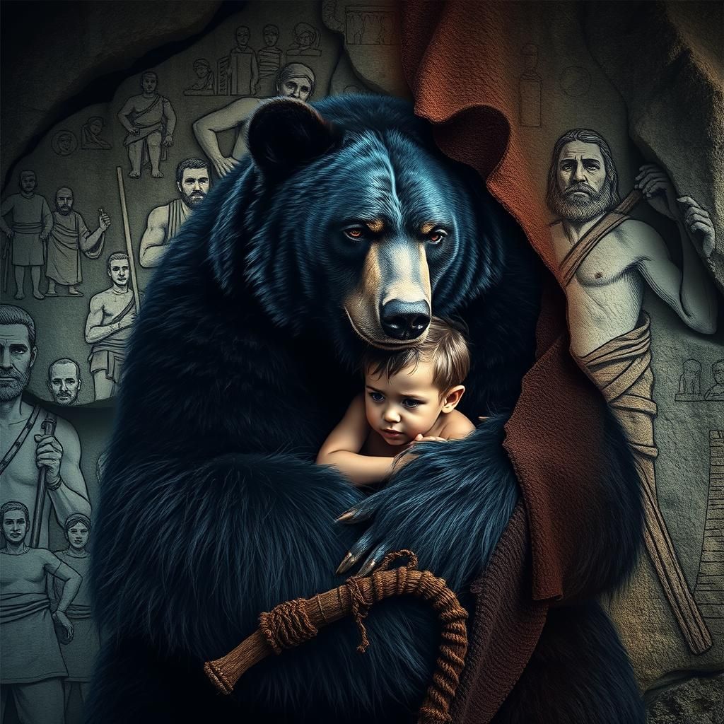 Cave Bear Protecting Child: Detailed Matte Painting
