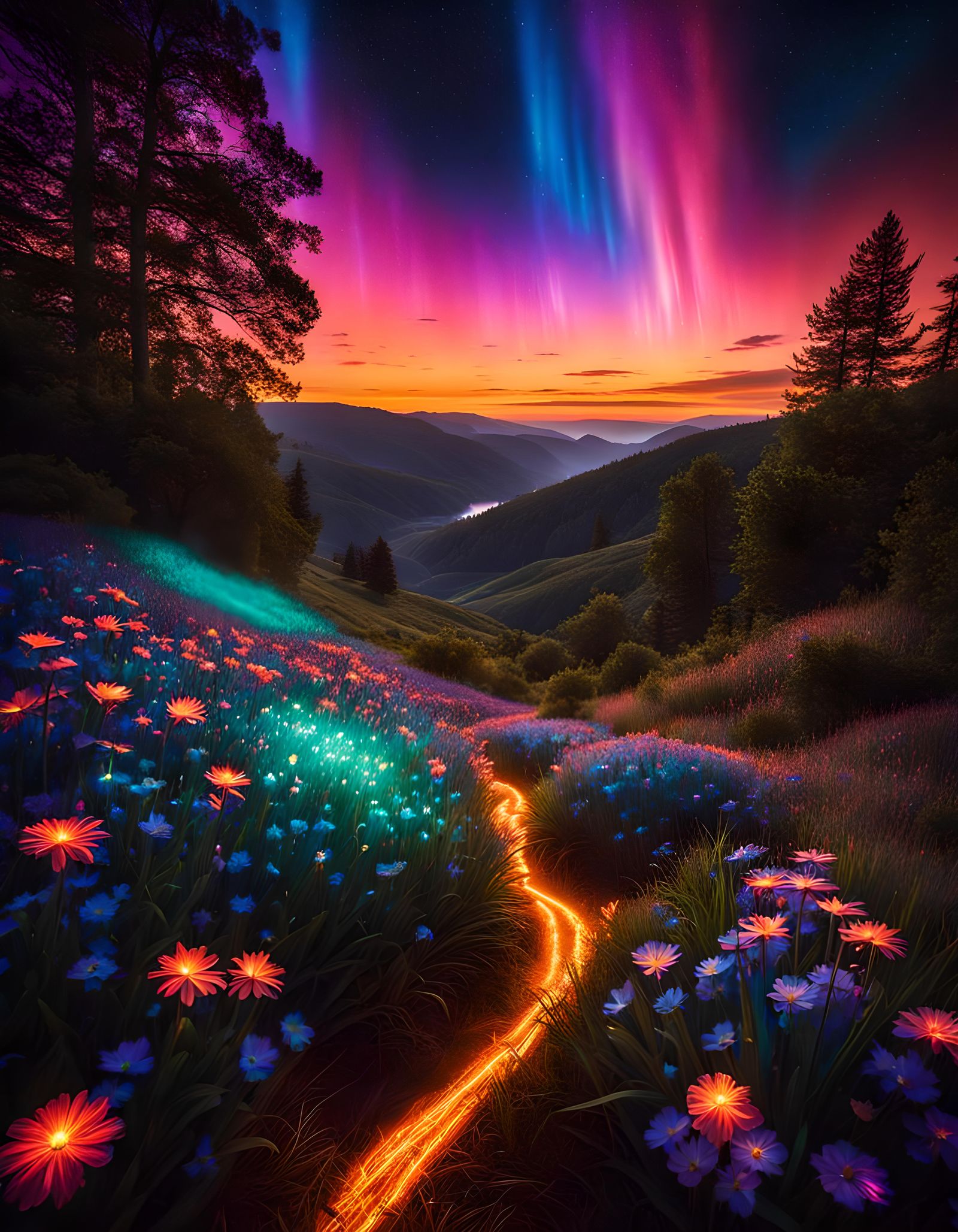 Bioluminescent Dreamscape: Aurora Borealis Over Rolling Hill...