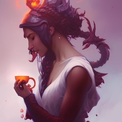 Dragon Sipping Tea: Hyperdetailed Art Nouveau Portrait