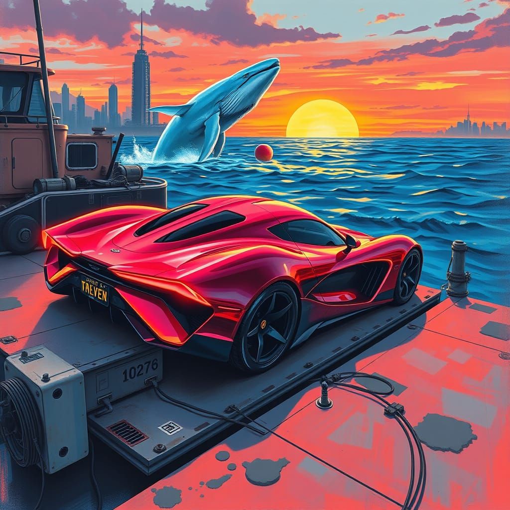 Cyberpunk Cherry Red Sports Car Beside Bioluminescent Whale ...