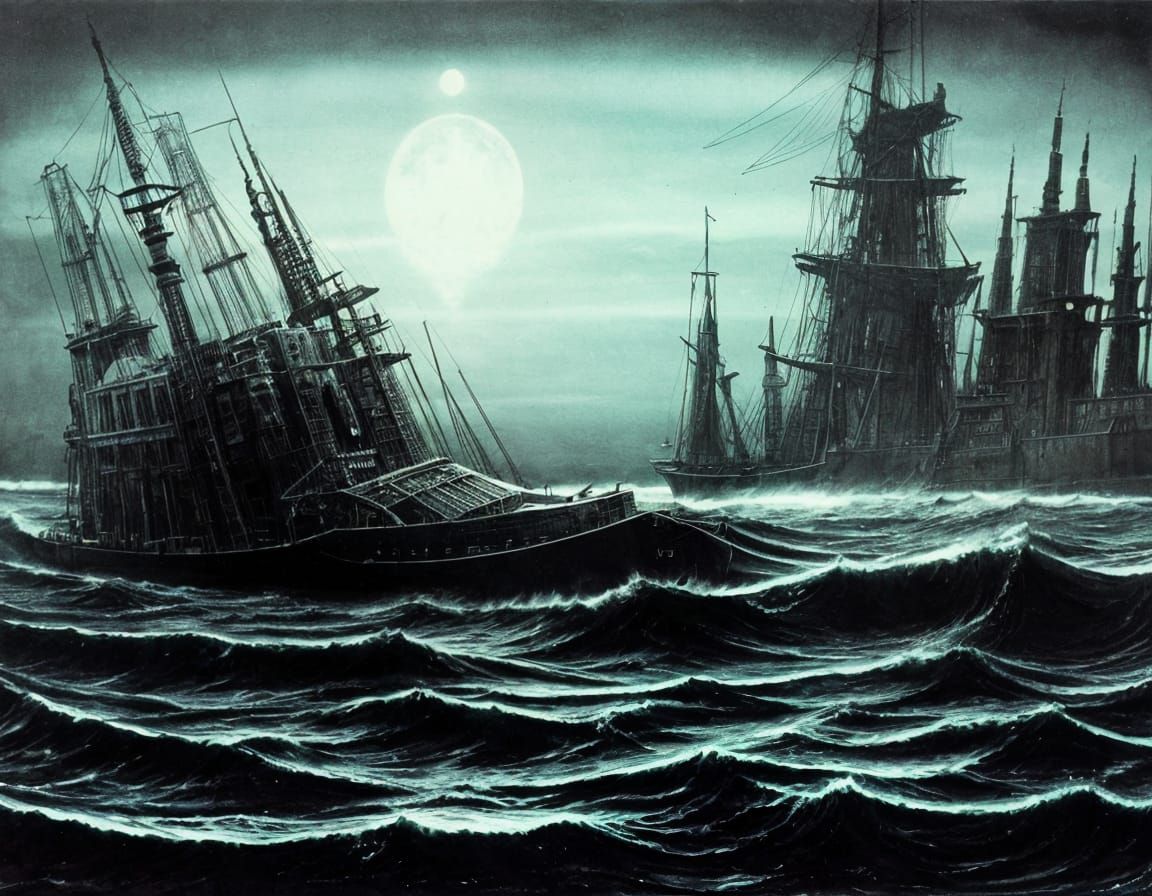 Surreal Ghost Ship at Night in a Dark Cyberpunk Aesthetic