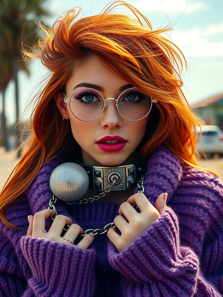 A young woman stands prominently, her face strikingly framed by voluminous, tousled very long red  hair that cascades so...