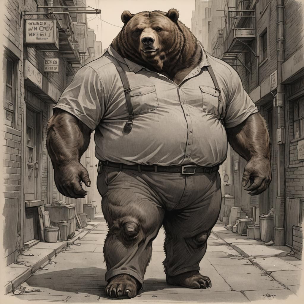 Grizzly Bear Worker's Relaxing Day Off: Sketch Art