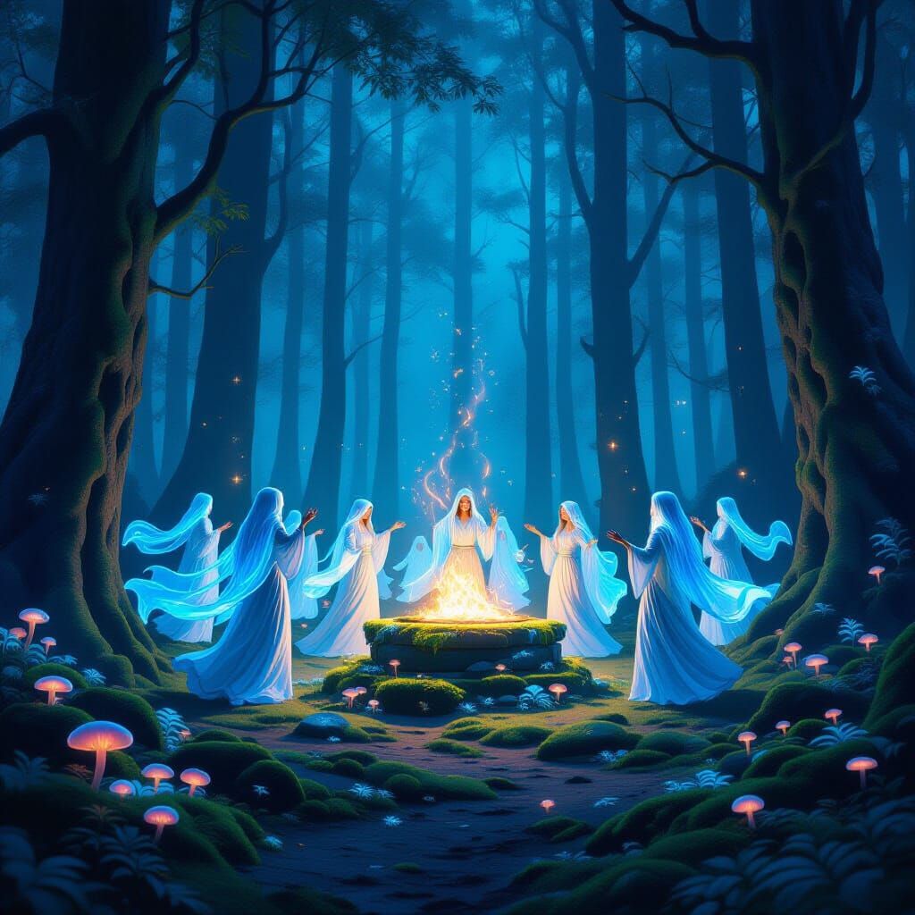 Ethereal Spirits Dance in Bioluminescent Forest Clearing