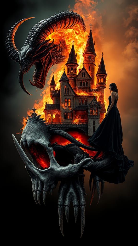 Dark Gothic Book Cover with Burning Mansion and Demon