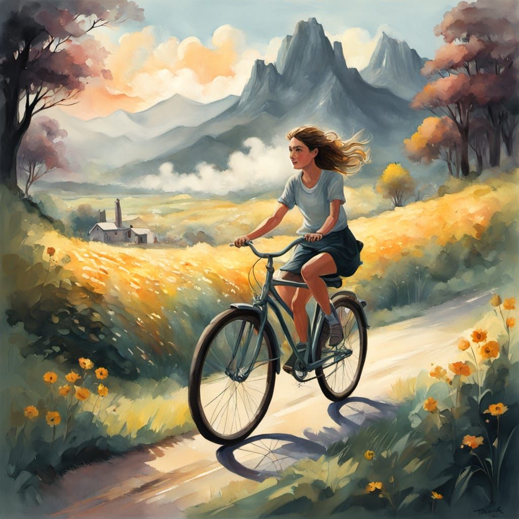 Woman Cycling in Countryside as Gouache Painting
