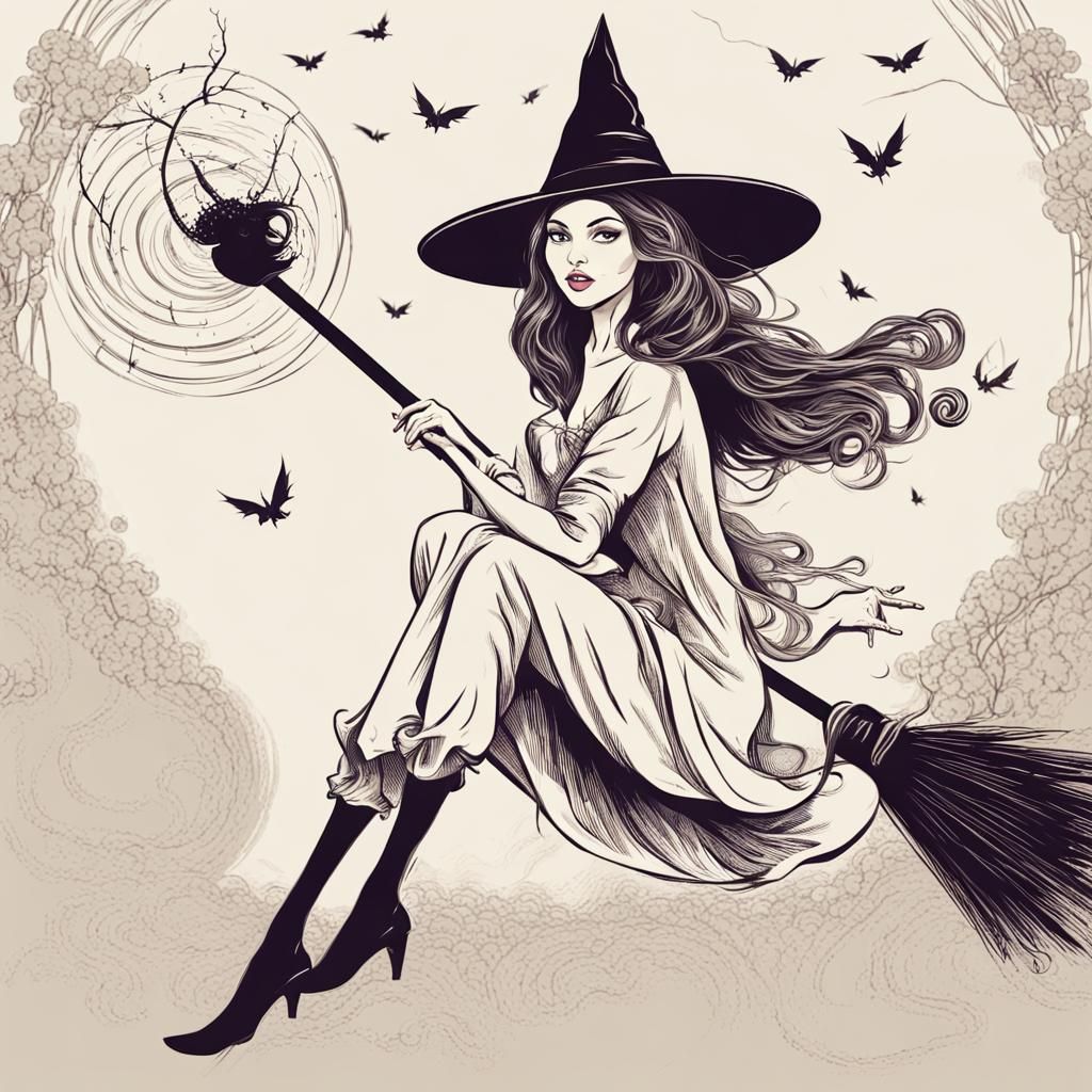 Beautiful Witch Flying on Broomstick