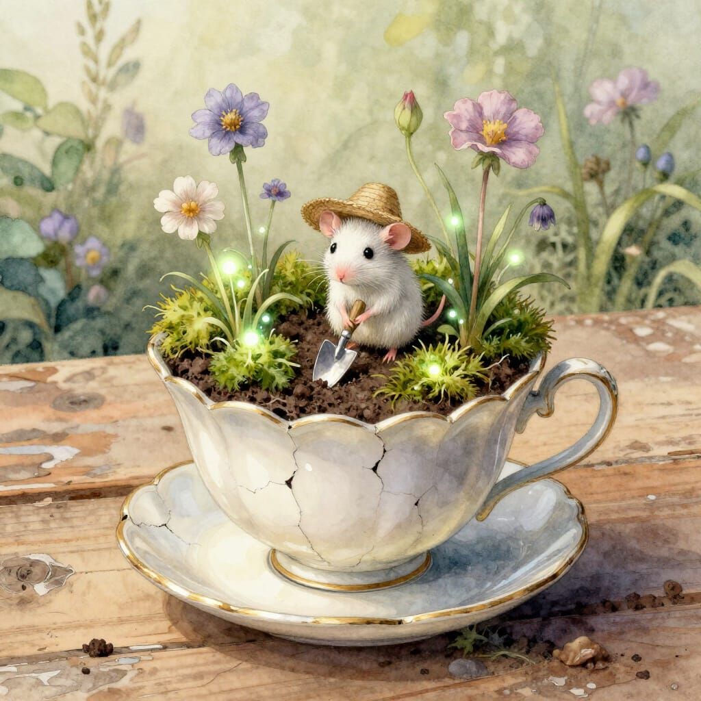 Whimsical Garden in Teacup with Mouse Gardener